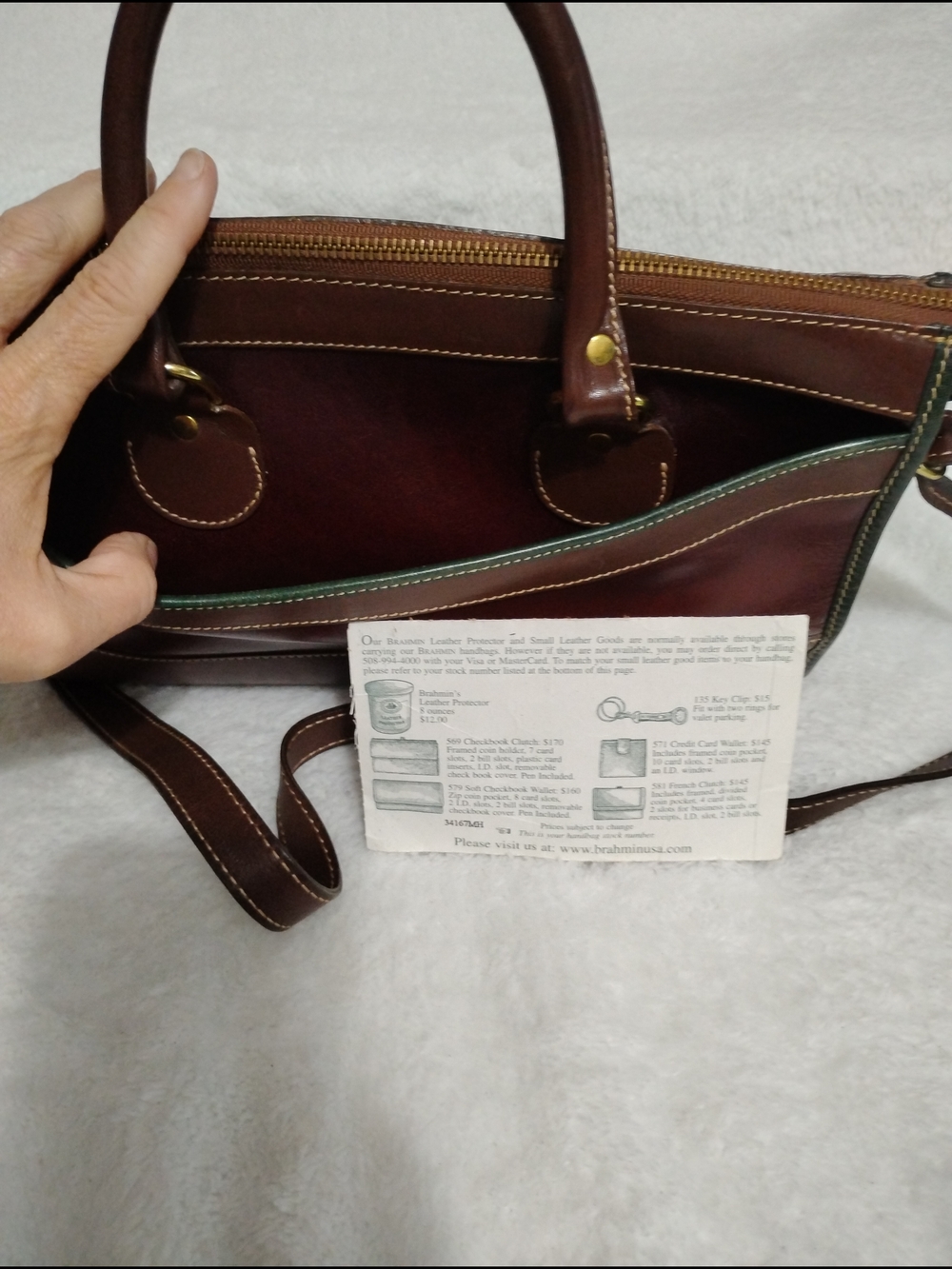 Brahmin Brown and Wine Leather Satchel with Green Trim - Picture 6 of 15